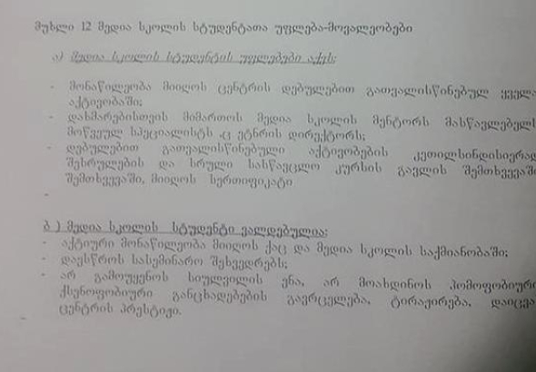რა წერია მედიასკოლის წესდებაში, რომლის დარღვევის გამო მოსწავლე გარიცხეს (ფოტო)